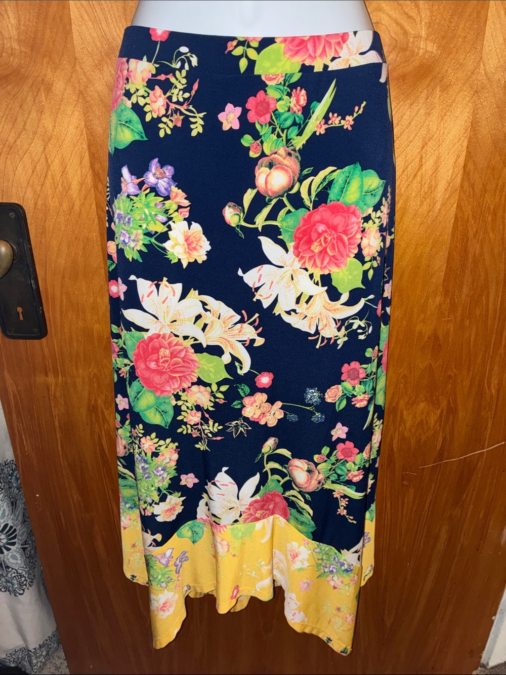 Rafaella Boho Floral Navy Blue, Yellow, Pink, Cream, & Green Midi Skirt - Size